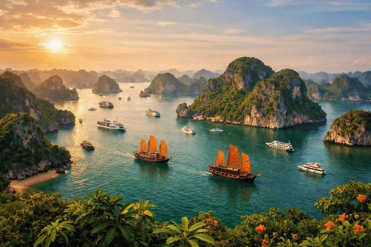 Tropical islands and bay at sunset